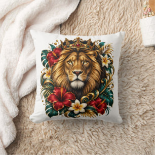 Regal Crowned Lion Tropical Floral Cushion