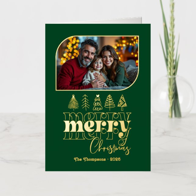 Regal Festive Hand Drawn Merry Christmas Photo Foil Holiday Card (Front)
