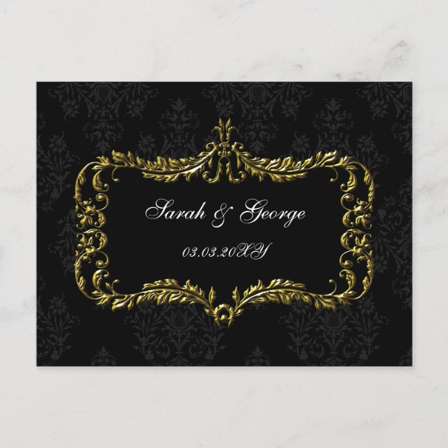 regal flourish black and gold damask save the date announcement postcard (Front)