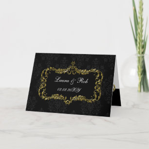 regal flourish black and gold damask thank you card