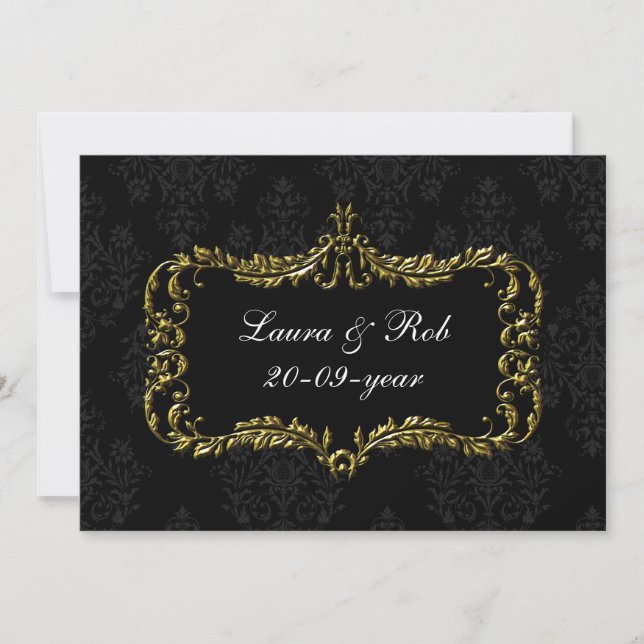 regal flourish black and gold damask thank you invitation (Front)