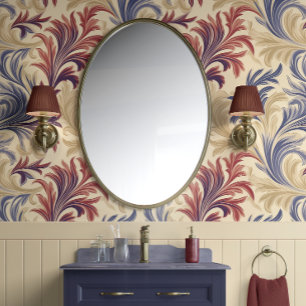 Regal Flourish Elegance Beige, Burgundy, & Blue Wallpaper