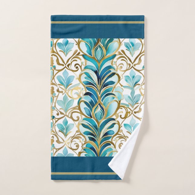 Regal flourishes teal and gold hand towel (Hand Towel)