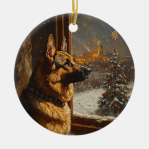 Regal German Shepherd Christmas Tree Oil Painting  Ceramic Ornament