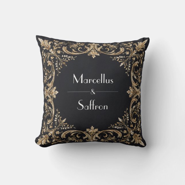 Regal Gold Baroque Scroll Black Luxury Wedding Cushion (Front)