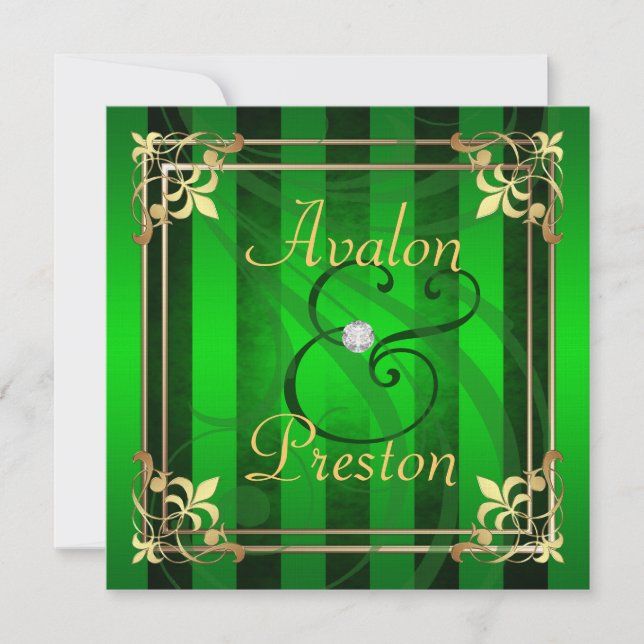 Regal Gold Filigree Green Stripe Invitation (Front)