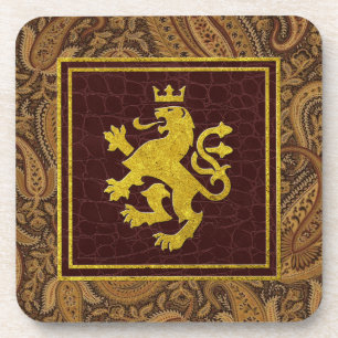 Regal Gold Lion Paisley and Leather Patterns Coaster