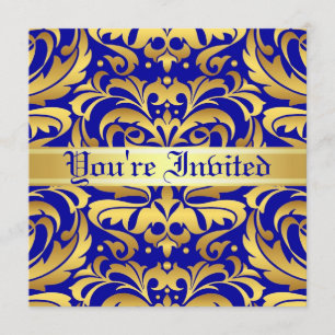 Regal Gold Metal Damask Blue Scroll Invitation