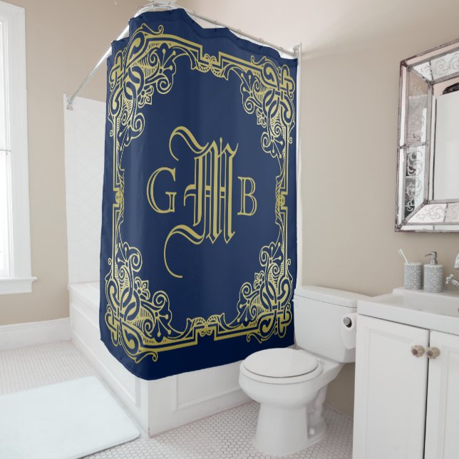 Regal Gold Monogram Choose Your Background Colour Shower Curtain (In Situ)