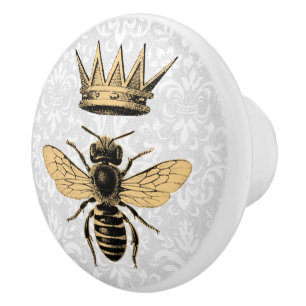 Regal Gold Queen Bee & Light Blue Filigree Ceramic Knob