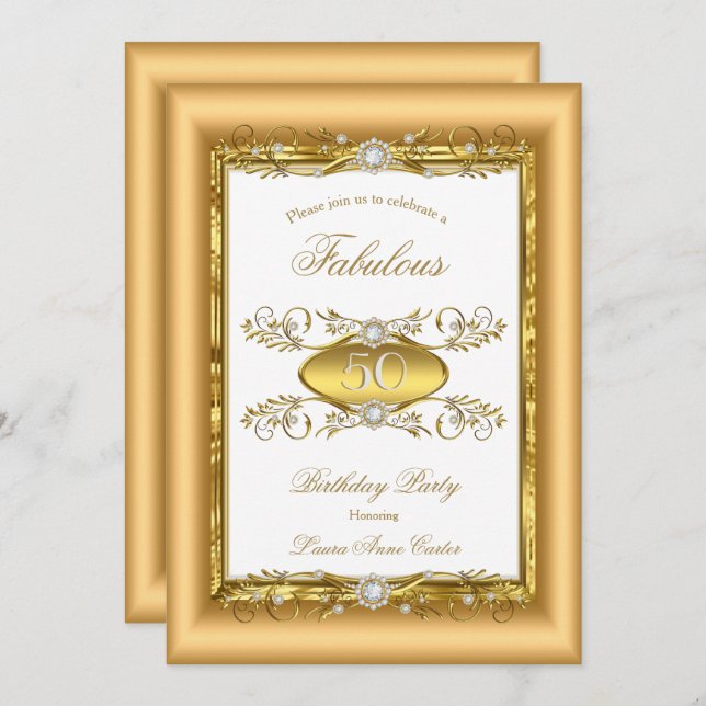 Regal Gold White Diamond Birthday Party Invitation (Front/Back)