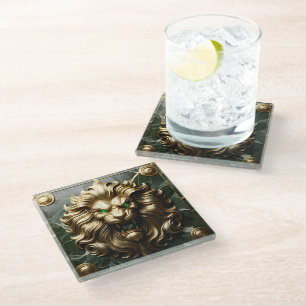 Regal Golden Lion with Striking Details Glass Coaster