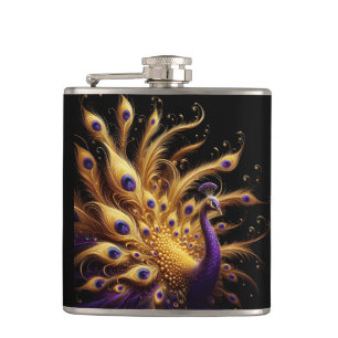 Regal Golden Peacock With Purple Plumage Hip Flask