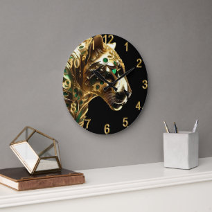 Regal Grace: The Gold Jaguar Adorned with Emeralds Large Clock