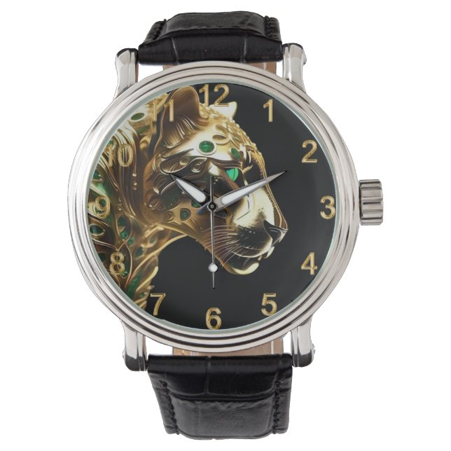 Regal Grace: The Gold Jaguar Adorned with Emeralds Watch (Front)