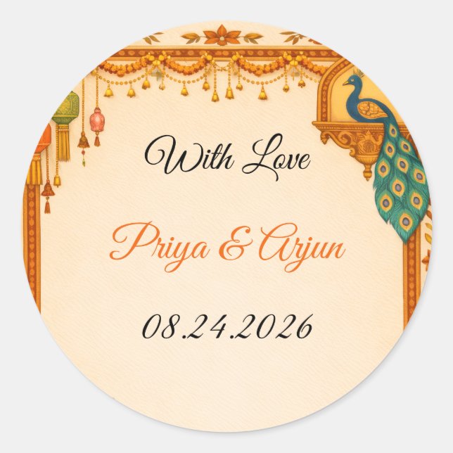 Regal Indian Wedding Peacock Favor Stickers | Saff (Front)