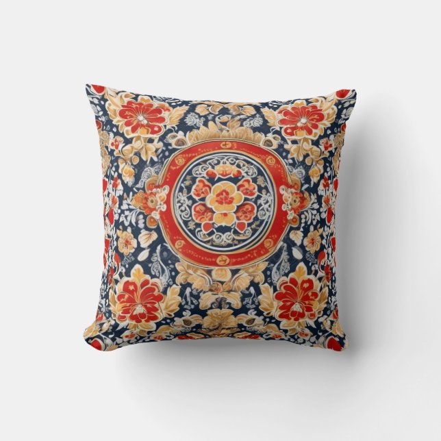Regal Khokhloma: Ornate Floral Medallion Cushion (Front)