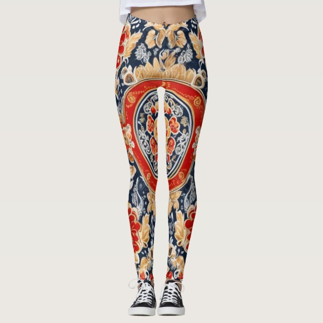 Regal Khokhloma: Ornate Floral Medallion Leggings (Front)