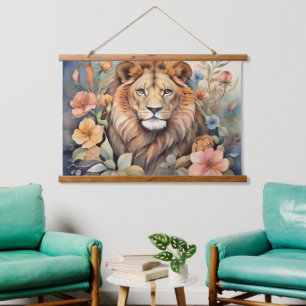 Regal Lion Amidst Blooms Exotic Wildlife Hanging Tapestry