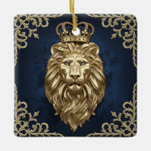 Regal Lion Design - Navy Blue & Gold Luxury  Ceramic Ornament