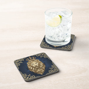 Regal Lion Design - Navy Blue & Gold Luxury Decor Coaster