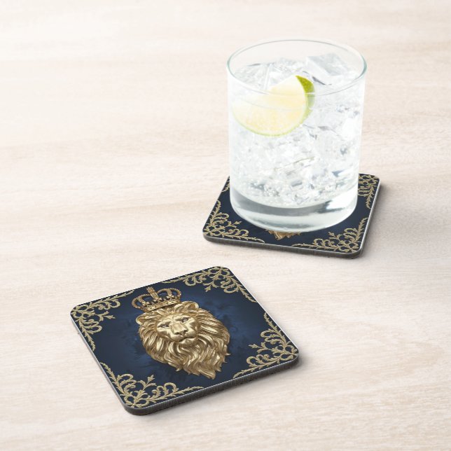 Regal Lion Design - Navy Blue & Gold Luxury Decor Coaster (Right Side)