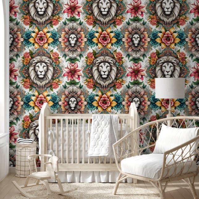 Regal Lion & Floral Bohemian Bliss Wallpaper (Kids)