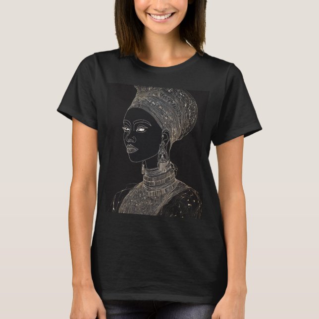 "Regal Majesty: Abstract Line Drawing Black Queen  T-Shirt (Front)