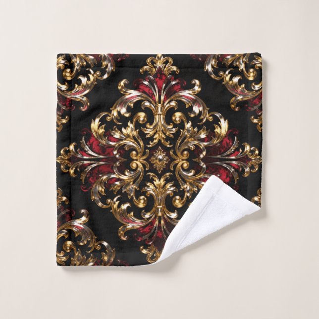 Regal Noir Pattern | Gold Scrollwork & Crimson Bath Towel Set (Wash Cloth)