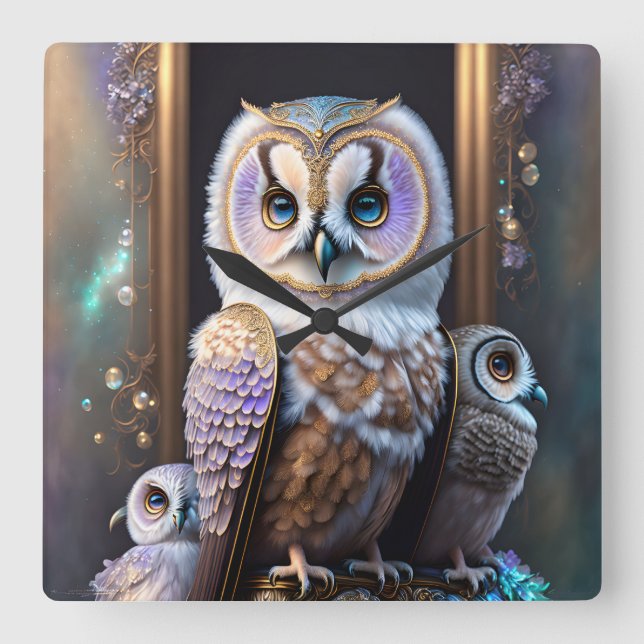 Regal owls in pastel lavender square wall clock (Front)