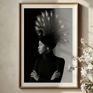 Regal Peacock: Avant-Garde Monochrome Portrait Poster