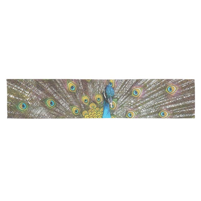 Regal Peacock with Teal Blue and Gold Plumage Short Table Runner (Horizontal)