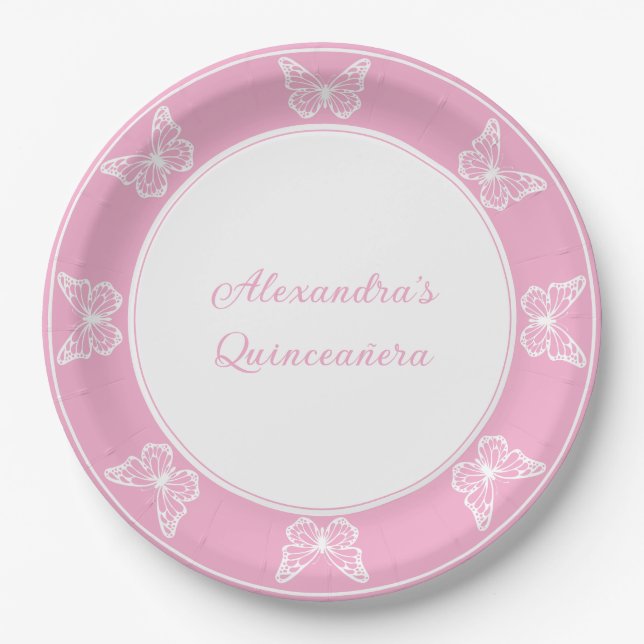 Regal Pink Quinceañera - Butterfly Disposable Paper Plate (Front)