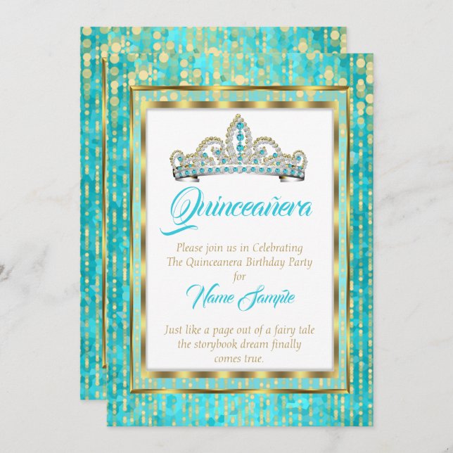 Regal Princess Blue Teal Quinceanera Gold White Invitation (Front/Back)