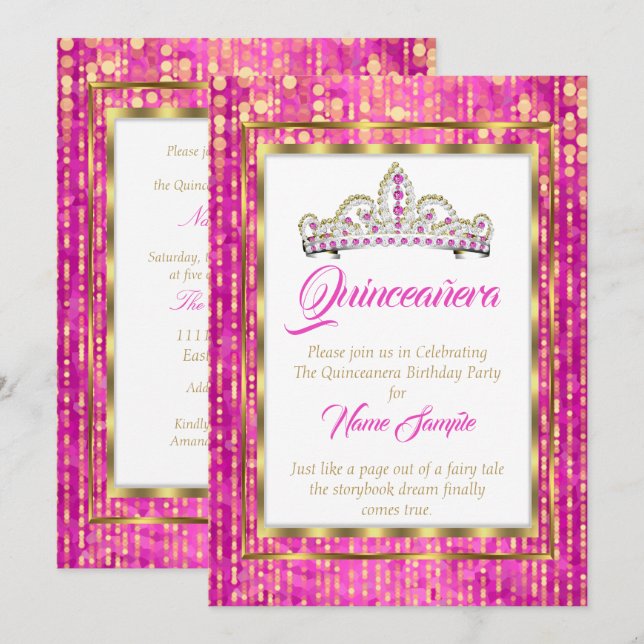 Regal Princess Pink Quinceanera Gold White Invitation (Front/Back)