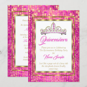 Regal Princess Pink Quinceanera Gold White Invitation