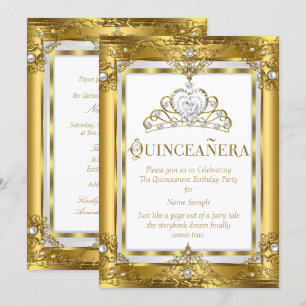 Regal Princess Quinceanera 15th Gold White Pearl Invitation