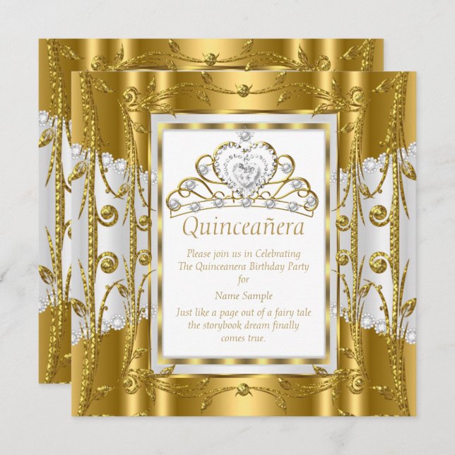 Regal Princess Quinceanera 15th Gold White Tiara Invitation (Front/Back)