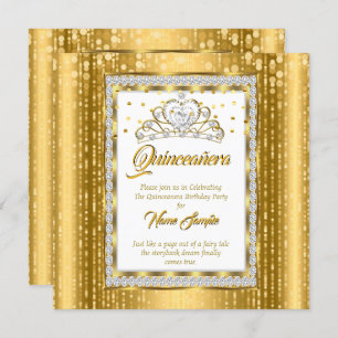 Regal Princess Quinceanera Gold White Diamond Invitation