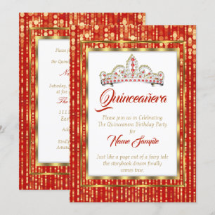 Regal Princess Red Quinceanera Gold White Invitation