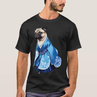 Regal Pug in Blue Hanbok with Intricate Embroidery T-Shirt