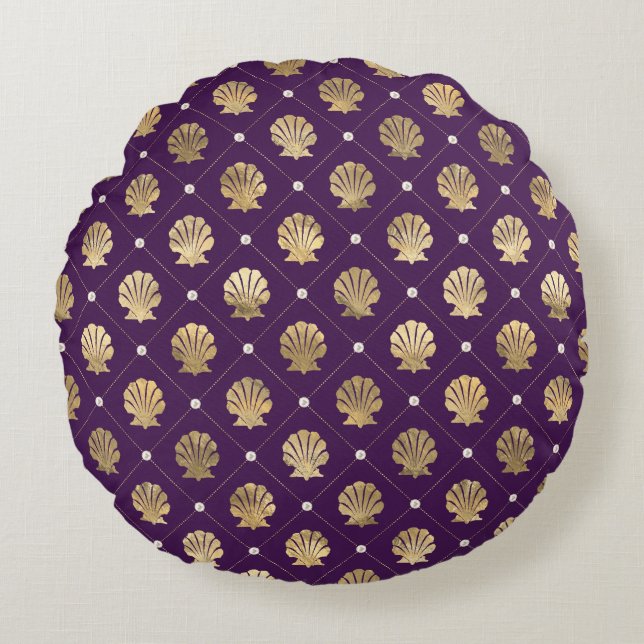Regal Purple and Gold Shell Round Throw Pillow (Front)