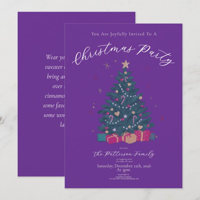 Regal Purple Christmas Party Rustic Tree Invitation (Front/Back)