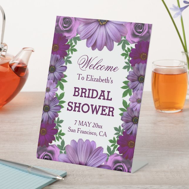 Regal Purple Floral Bridal Shower Pedestal Sign (In SItu)