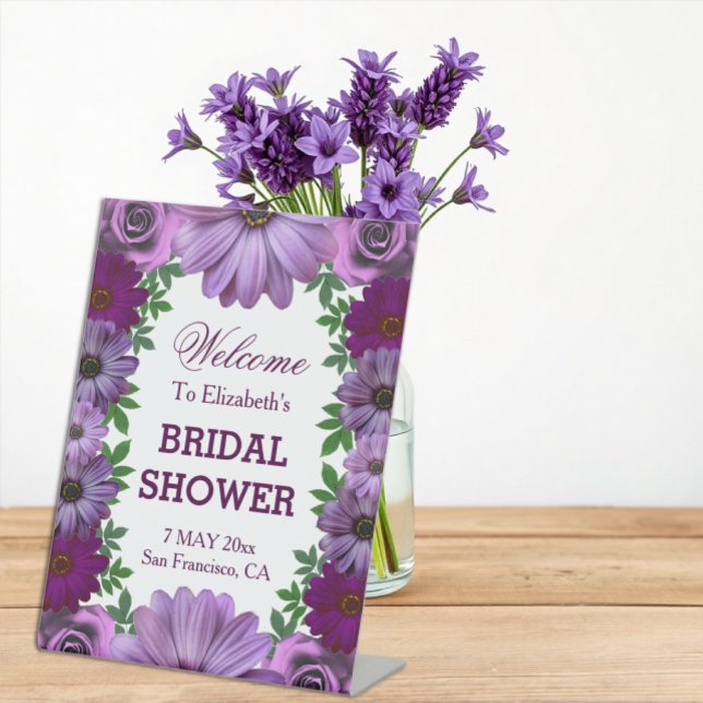 Regal Purple Floral Bridal Shower Pedestal Sign (Creator Uploaded)