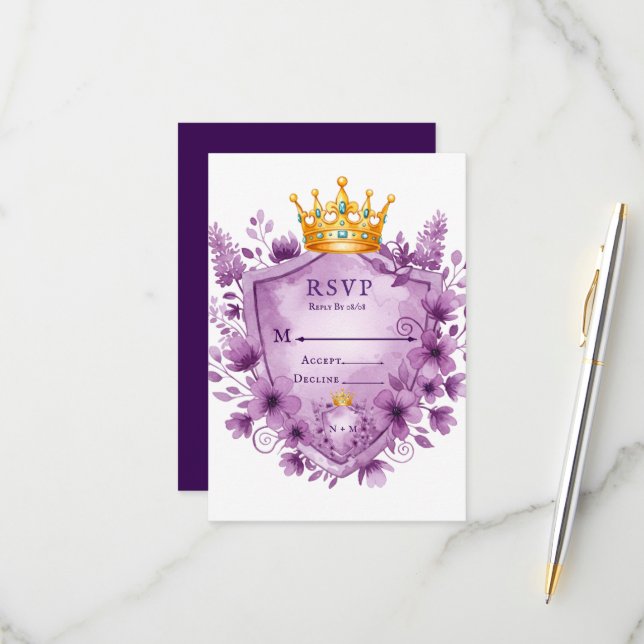 Regal Purple Floral Crest Wedding RSVP Card (Front/Back In Situ)