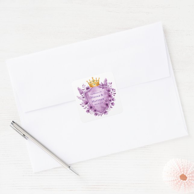Regal Purple Floral Crest Wedding Square Sticker (Envelope)