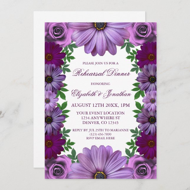 Regal Purple Floral Rehearsal Dinner Invitation (Front/Back)