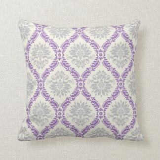 regal purple grey and cream damask design cushion