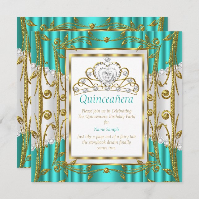 Regal Quinceanera 15th Teal Jade Gold White Tiara Invitation (Front/Back)